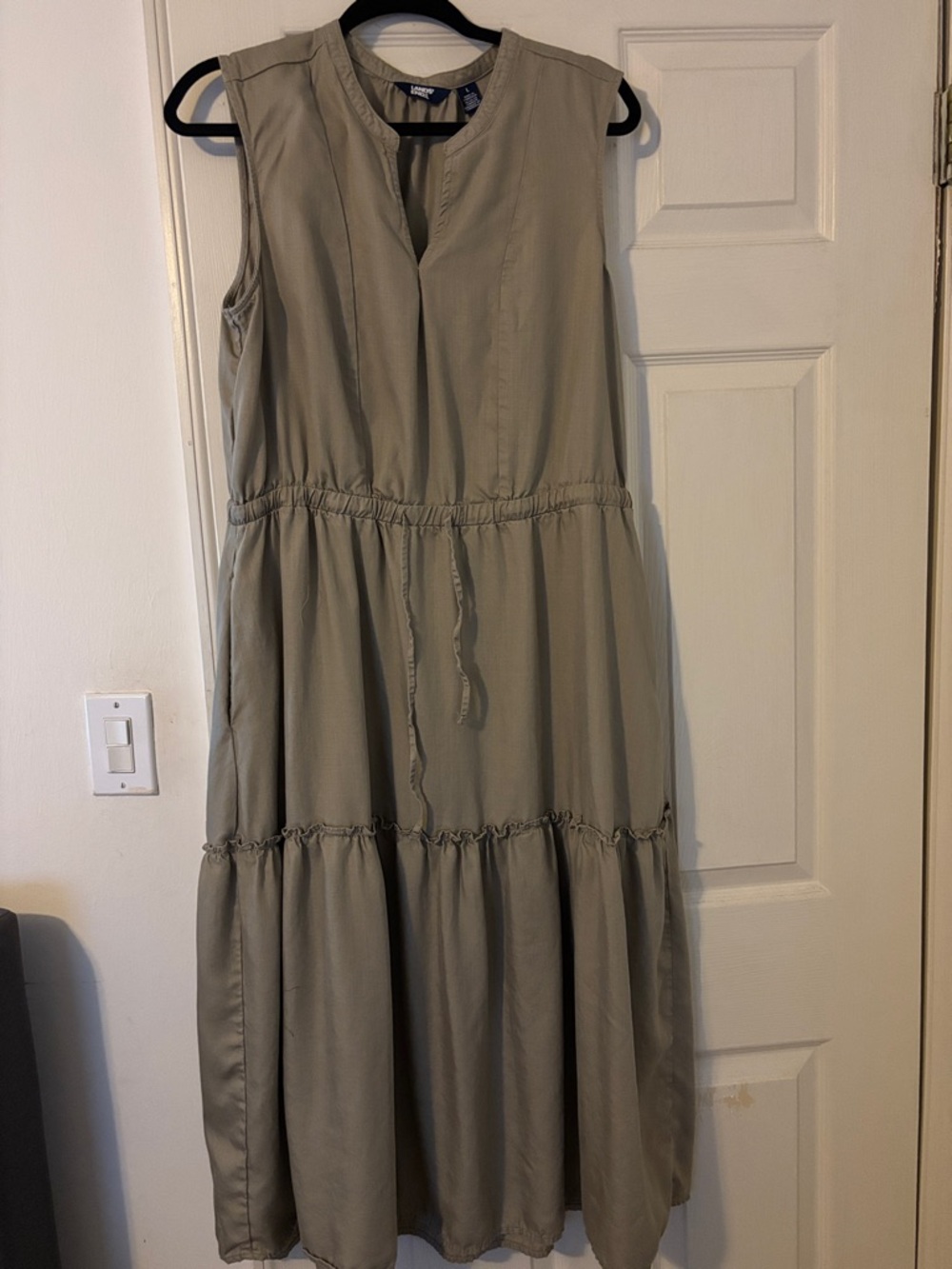Lands' End Sleeveless Tiered Maxi Dress in Olive Green